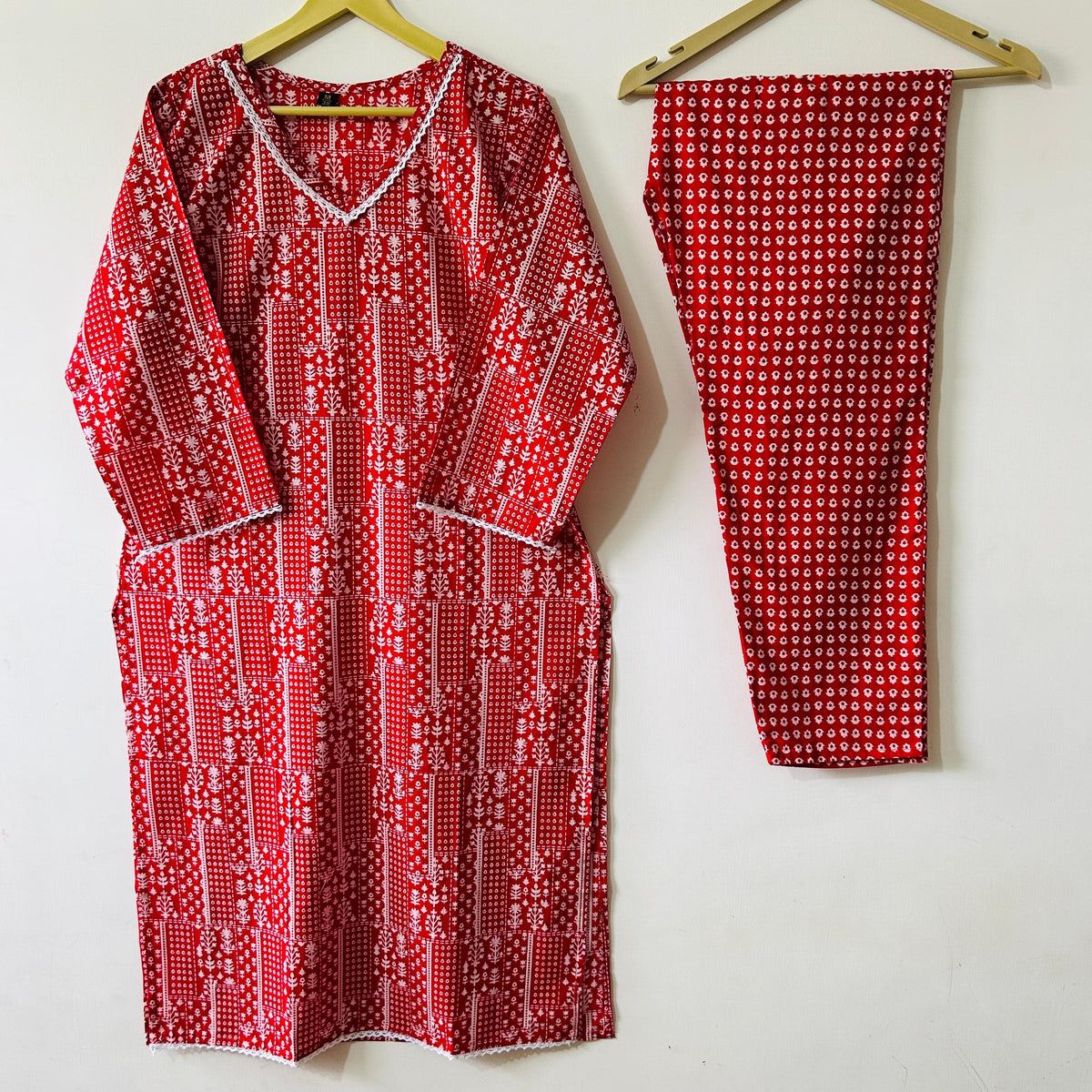 Festive Red: Premium Cotton Straight-Cut Kurta Set with Bandhej-Inspired Print & Dupatta