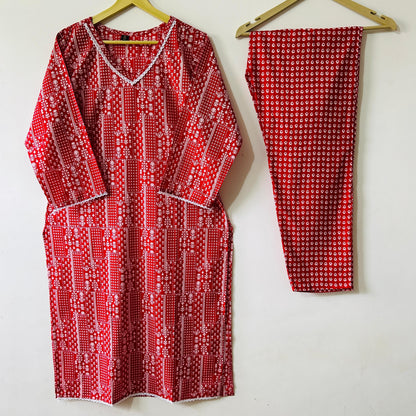 Festive Red: Premium Cotton Straight-Cut Kurta Set with Bandhej-Inspired Print & Dupatta