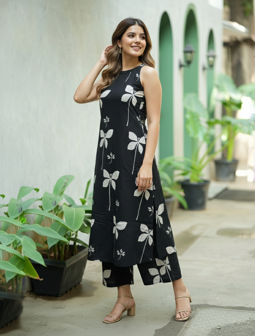 Chic Black & White Butterfly Print Sleeveless Kurta Set