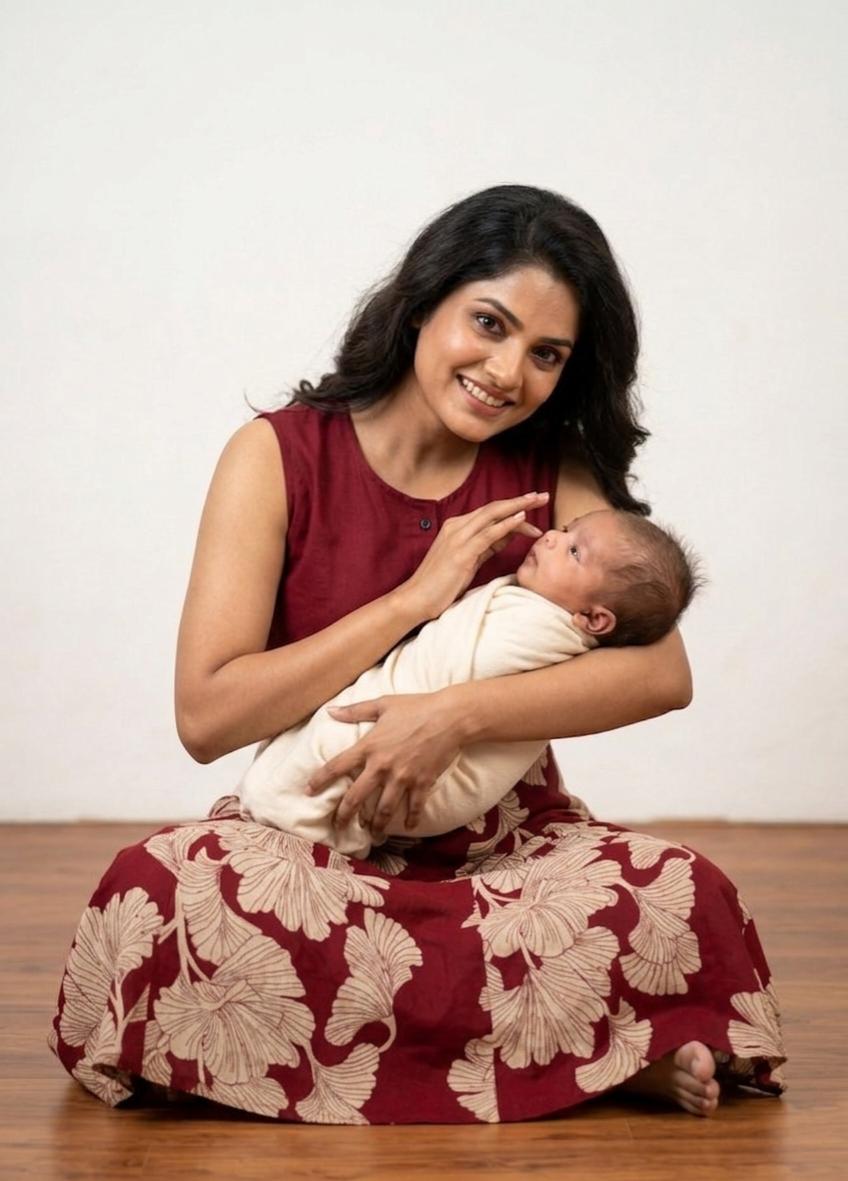 Elegance in Print: Maroon Gingko Leaf Midi Dress
