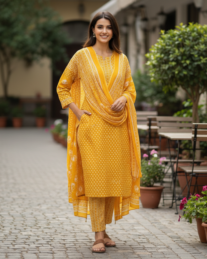Summer Shine: Premium Cotton Yellow Straight-Line Kurta Set with Printed Dupatta