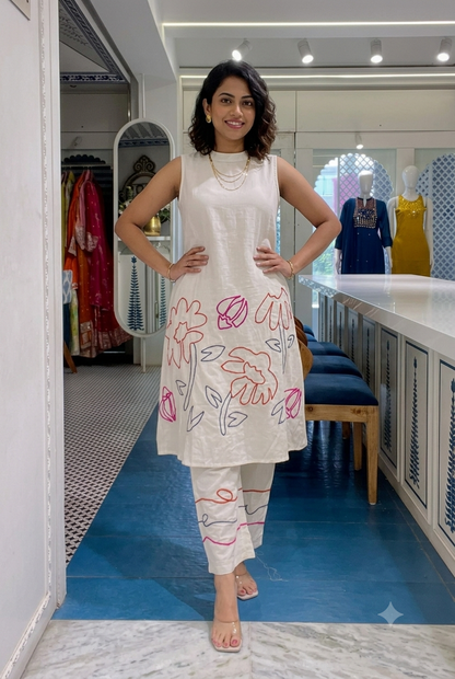 Elegant Hand-Embroidered Co-Ord Set | Sleeveless White Kurta & Trouser Duo