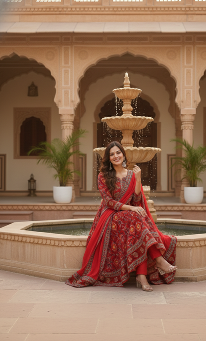 Majestic Red Printed Anarkali Suit Set with Dupatta