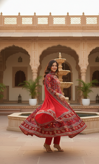 Majestic Red Printed Anarkali Suit Set with Dupatta