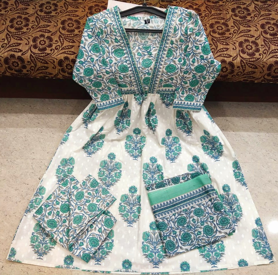 White & Teal Blue Floral Block Print Cotton Anarkali Suit Set with Dupatta