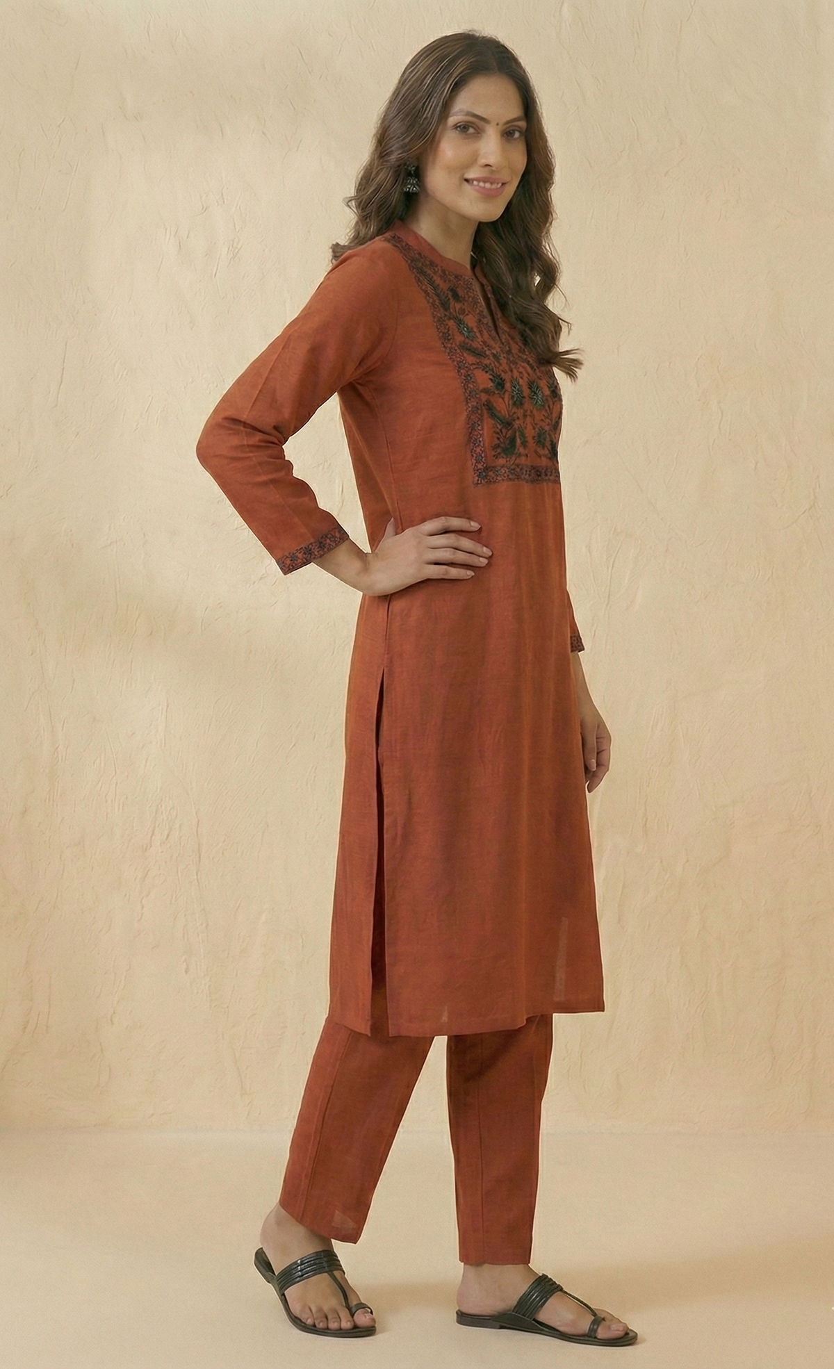 Elegant Terracotta Cotton Kurta Set with intricate Black Embroidery
