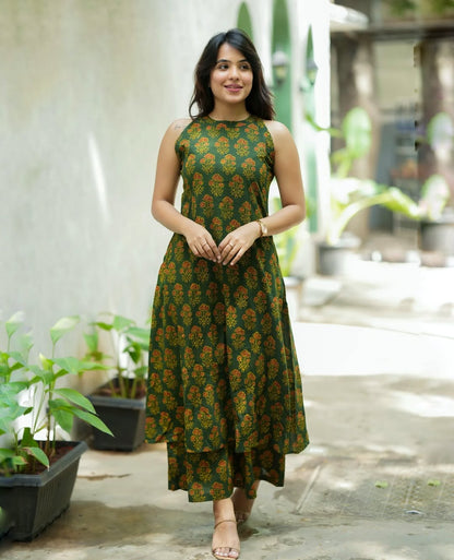 Forest Green Floral Print Sleeveless Kurta & Palazzo Co-ord Set