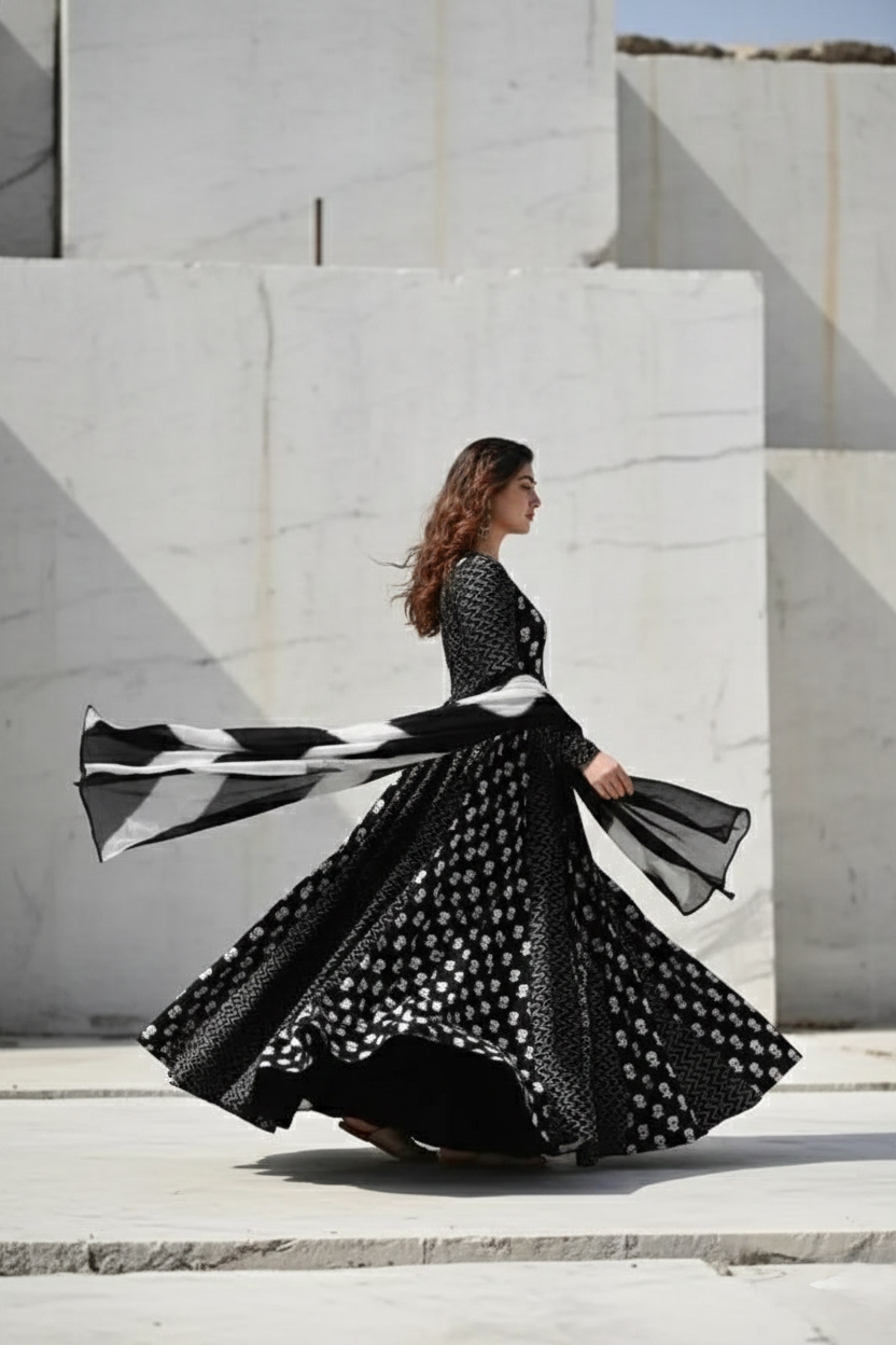 Black & White Cotton Blend Gown And Dupatta Set for women