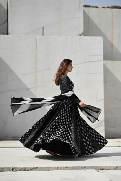 Black & White Cotton Blend Gown And Dupatta Set for women