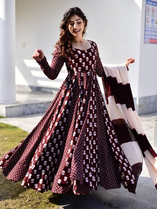Maroon Cotton Blend Gown And Dupatta Set for women