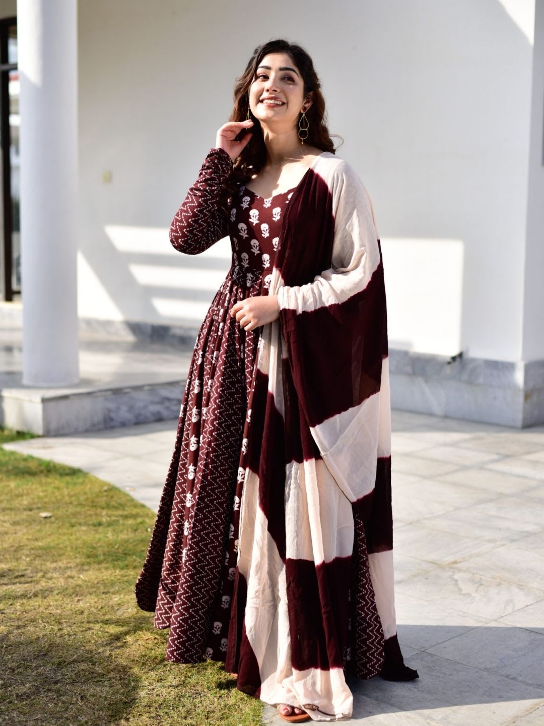 Maroon Cotton Blend Gown And Dupatta Set for women