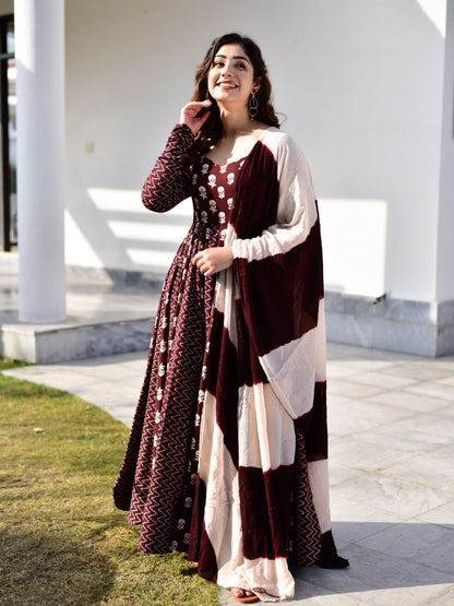 Maroon Cotton Blend Gown And Dupatta Set for women