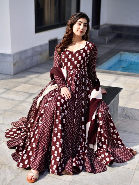 Maroon Cotton Blend Gown And Dupatta Set for women