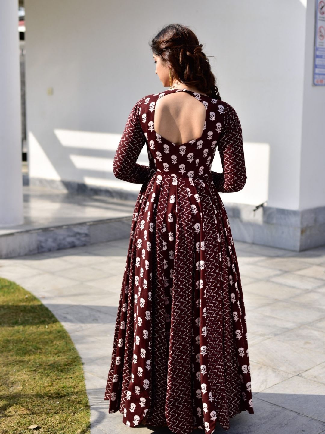 Maroon Cotton Blend Gown And Dupatta Set for women