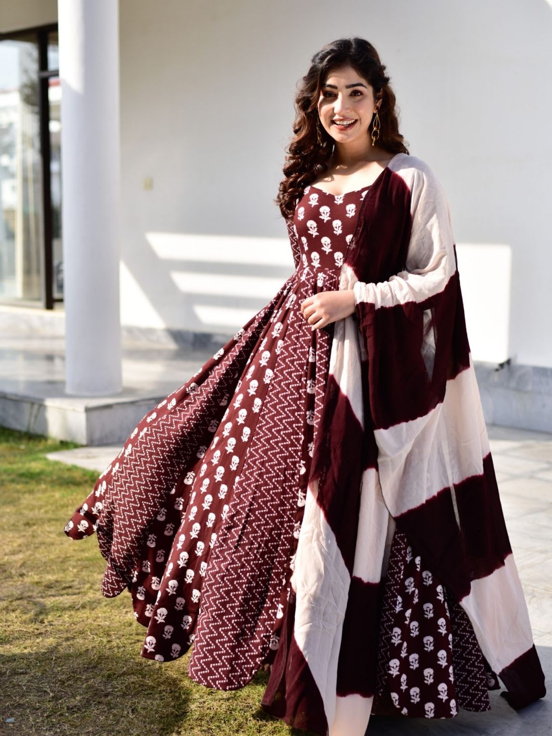 Maroon Cotton Blend Gown And Dupatta Set for women