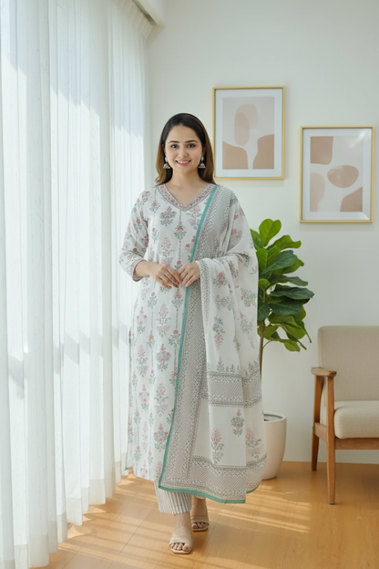 White Women's Block Printed Floral Kurta Pant & Dupatta Set