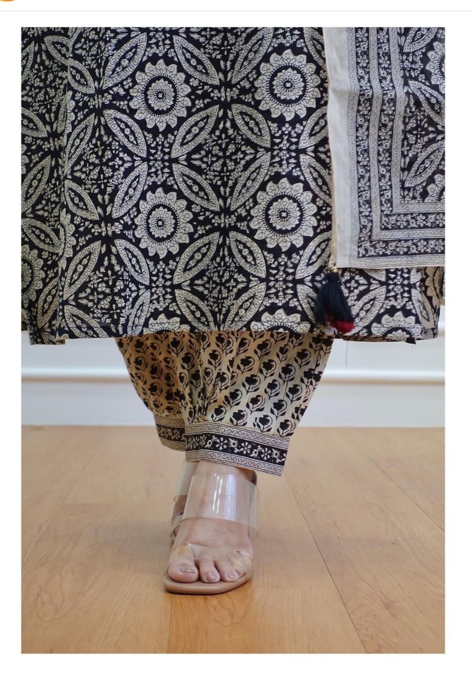 Off White and Black Women's Floral Printed Regular Pure Cotton Kurta with Trousers & With Dupatta