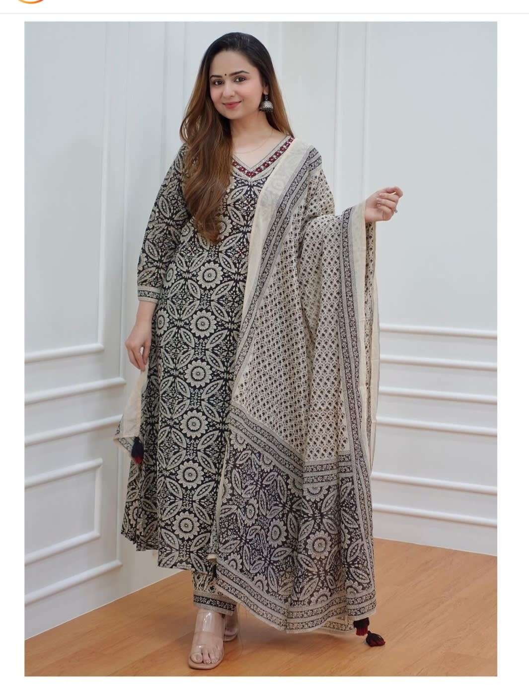 Off White and Black Women's Floral Printed Regular Pure Cotton Kurta with Trousers & With Dupatta